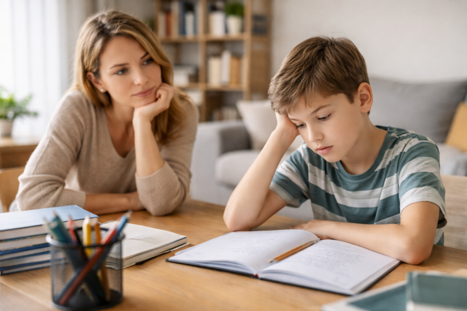 Enfant en IEF en difficulté scolaire, parent accompagnant le travail à la maison