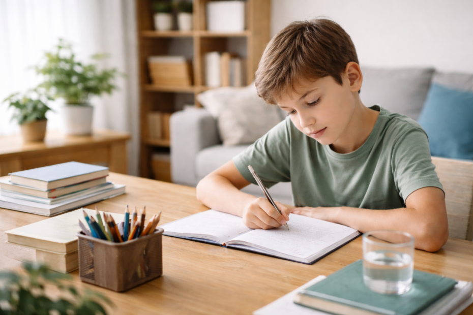 Instruction en famille : enfant travaillant à la maison dans un cadre souple et structuré